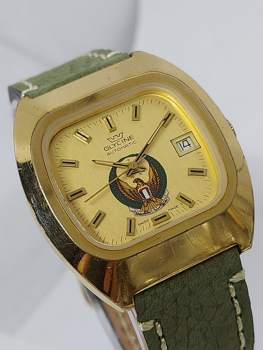 Vintage 1970 Glycin Automatic UAE Air Force Logo Men's Watch.
