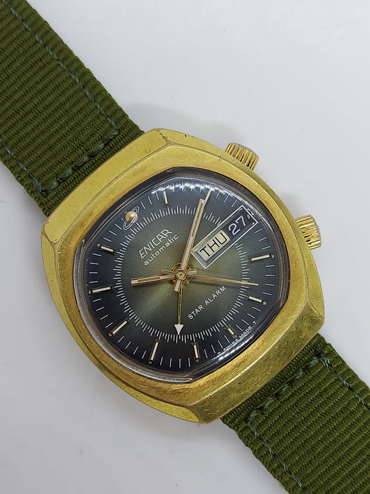 Vintage 1970 Enicar Star Alarm Automatic Men's Watch Gold Plated Swiss Made.